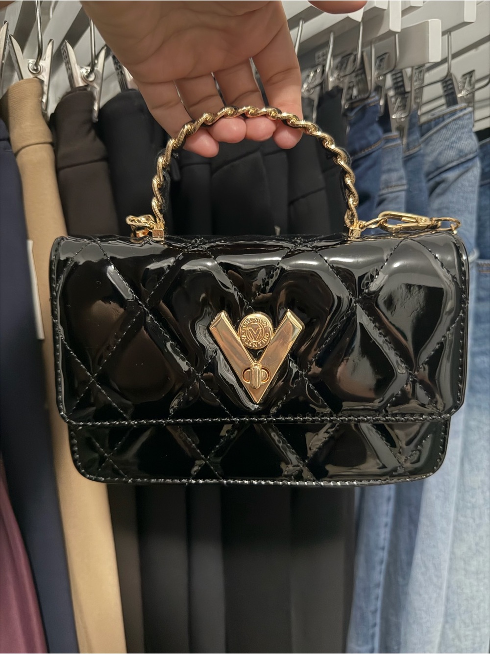 Valentino Orlandi Black Patent Quilted Mini Bag Gold Chain Top Handle Crossbody